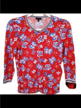Talbots Patriotic Red/Blue/White Floral Cardigan LP